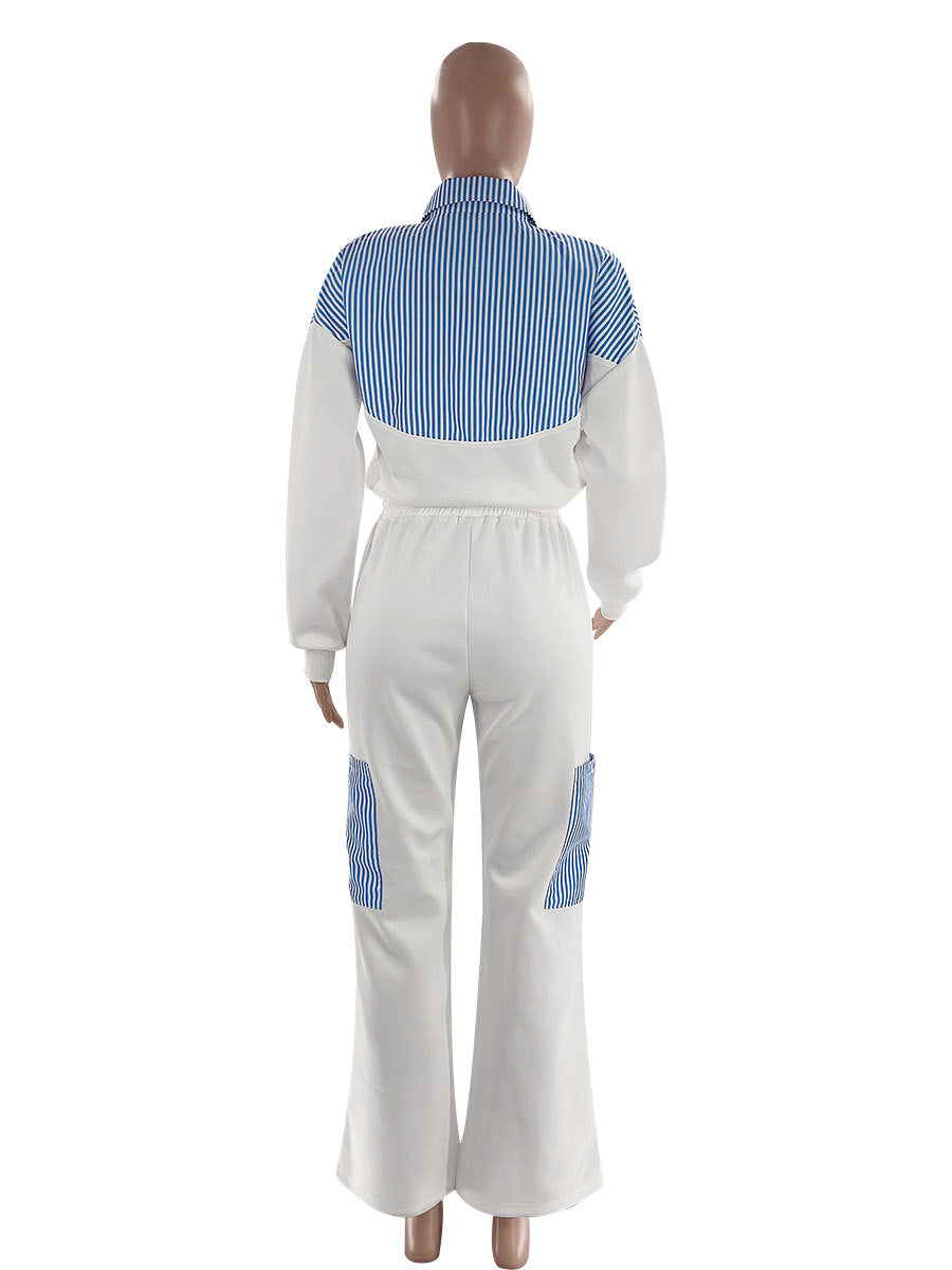 Women Casual striped color-blocked long-sleeved shirt and trousers two-piece set 12