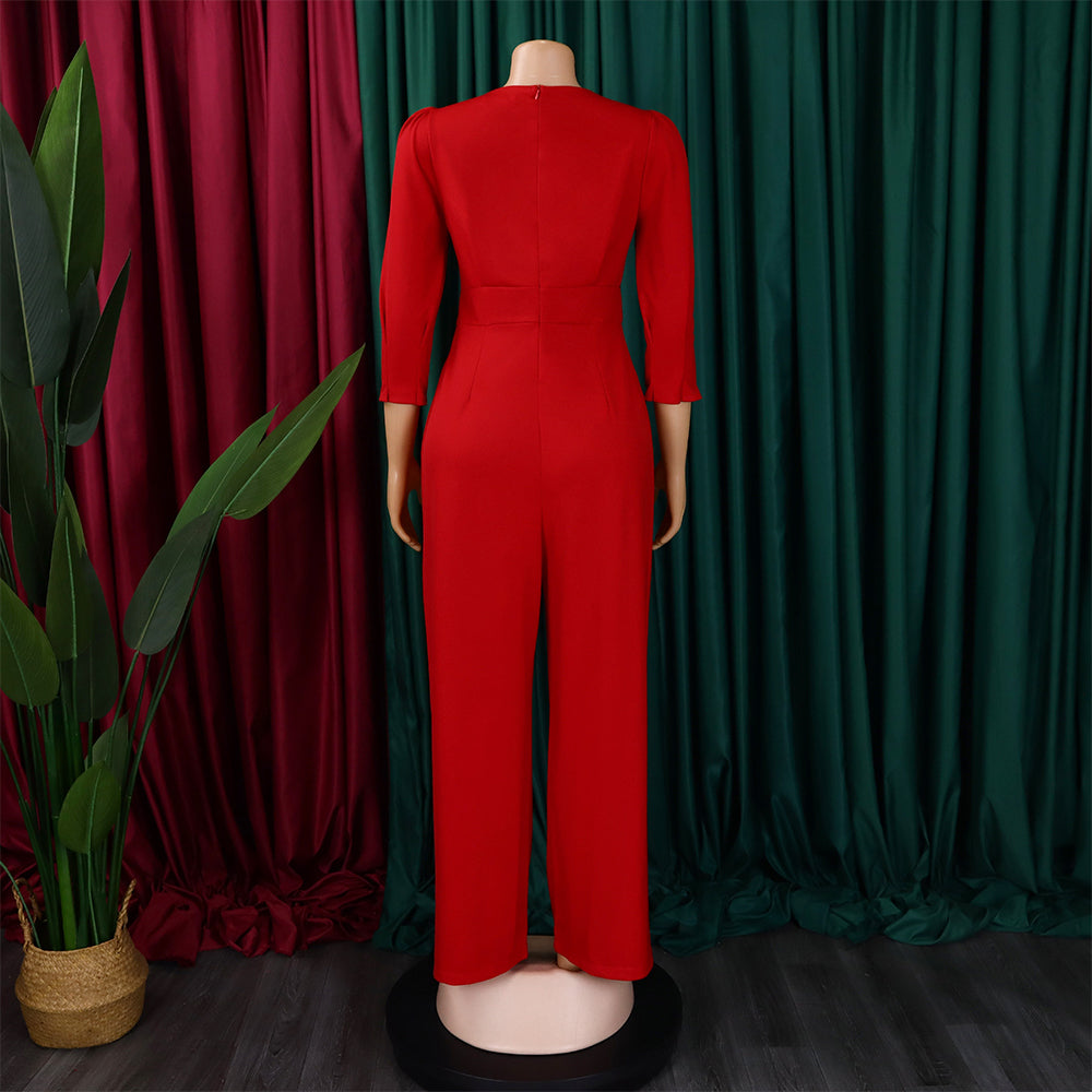 Plus Size African Women Long Sleeve Solid Loose Wide Leg Jumpsuit 16