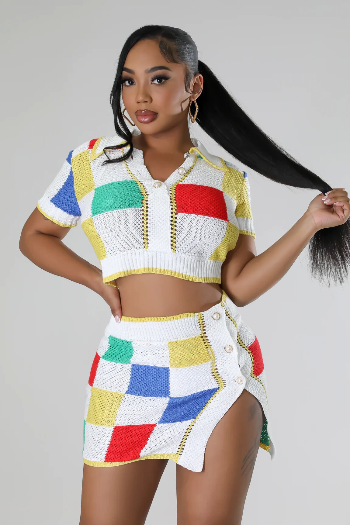 Women Contrast Color Top and Sexy Skirt Two-piece Set