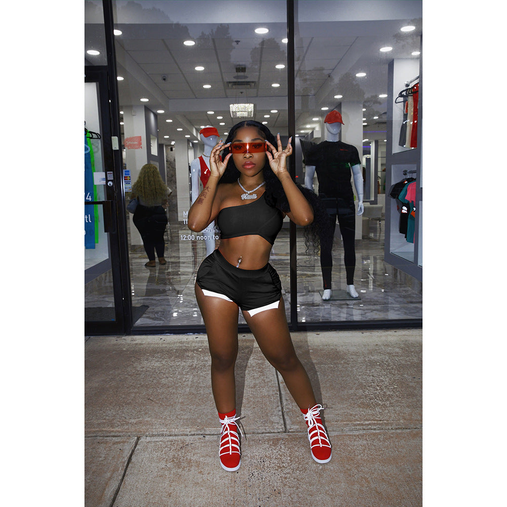 Women's Summer Solid Color One Shoulder Sexy Casual Sport Shorts Set 3