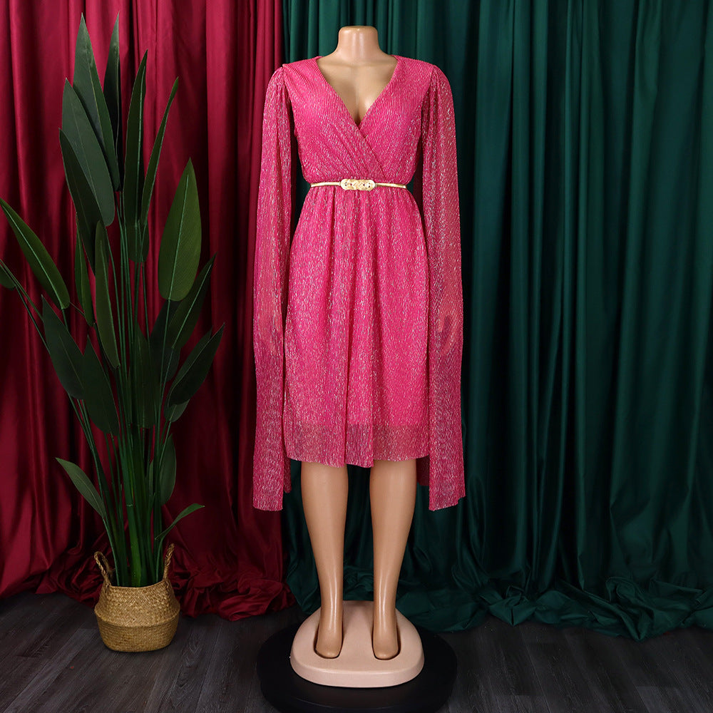 Belted V-Neck Chic Long Sleeve Cape Slim Waist Gown Dress 39