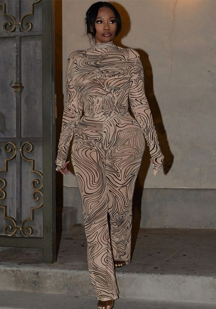 Women Style printed mesh half-high collar long-sleeved Top and trousers two-piece set