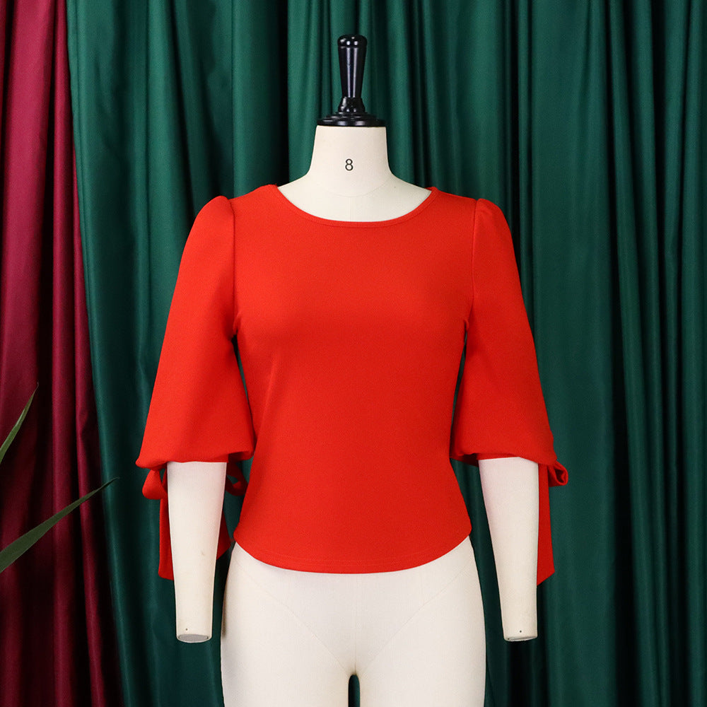 Women's Spring Fashion Chic Slim Fit Solid Lace-Up Bubble Sleeve Shirt 14