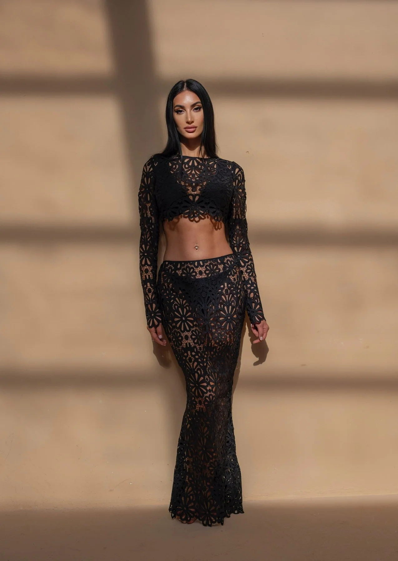 Fitted Lace Cut-Out Top & Skirt Two-Piece Set 14