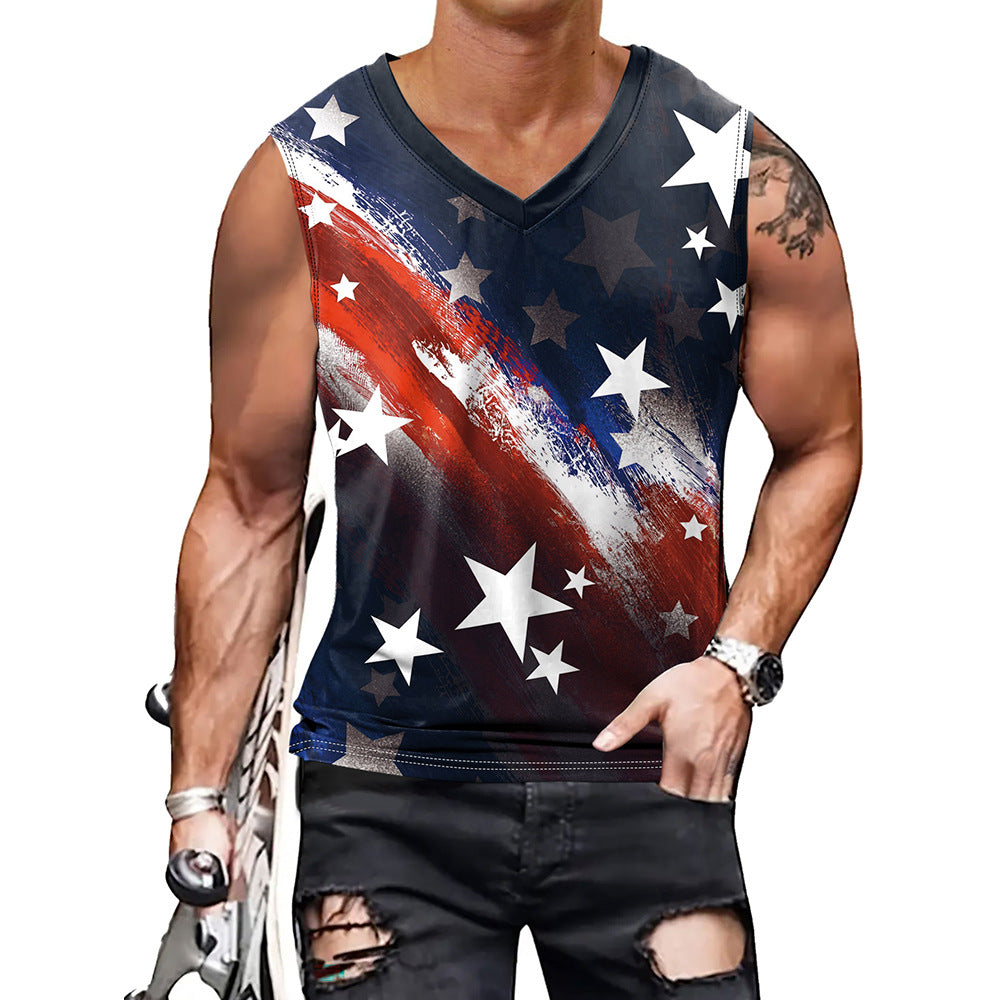 Summer Men's Vest Men's Star Stripe Print V-Neck Sleeveless Top 4