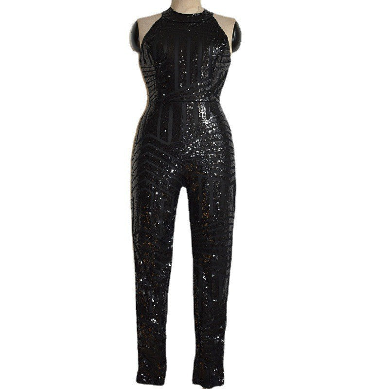 Women's Round Neck Low Back Halter Neck Sleeveless Bodycon Sequin Jumpsuit 16