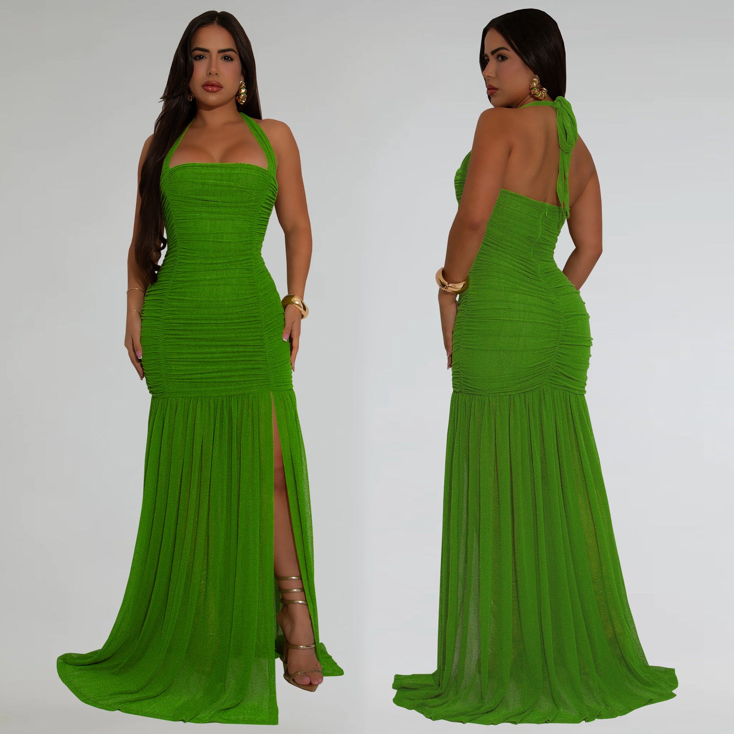 Women’s Summer Sheer High-Slit Solid Color Dress 4