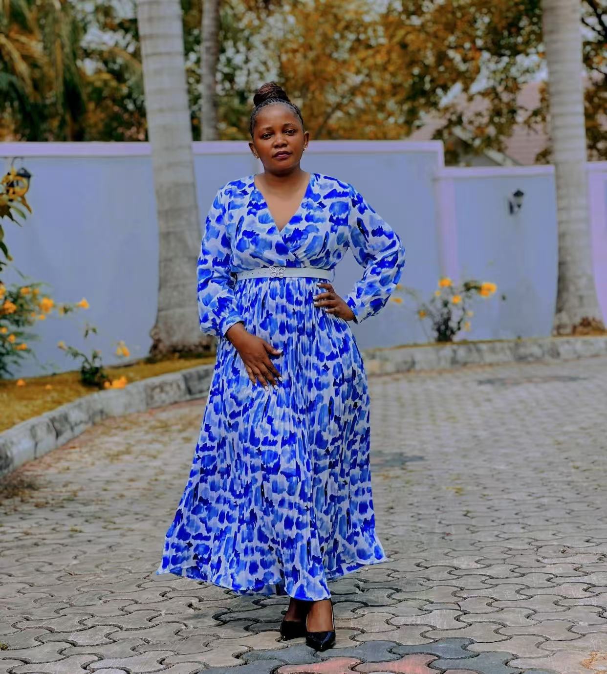African Women Printed V-Neck Long Sleeve Maxi Dress with Belt 3
