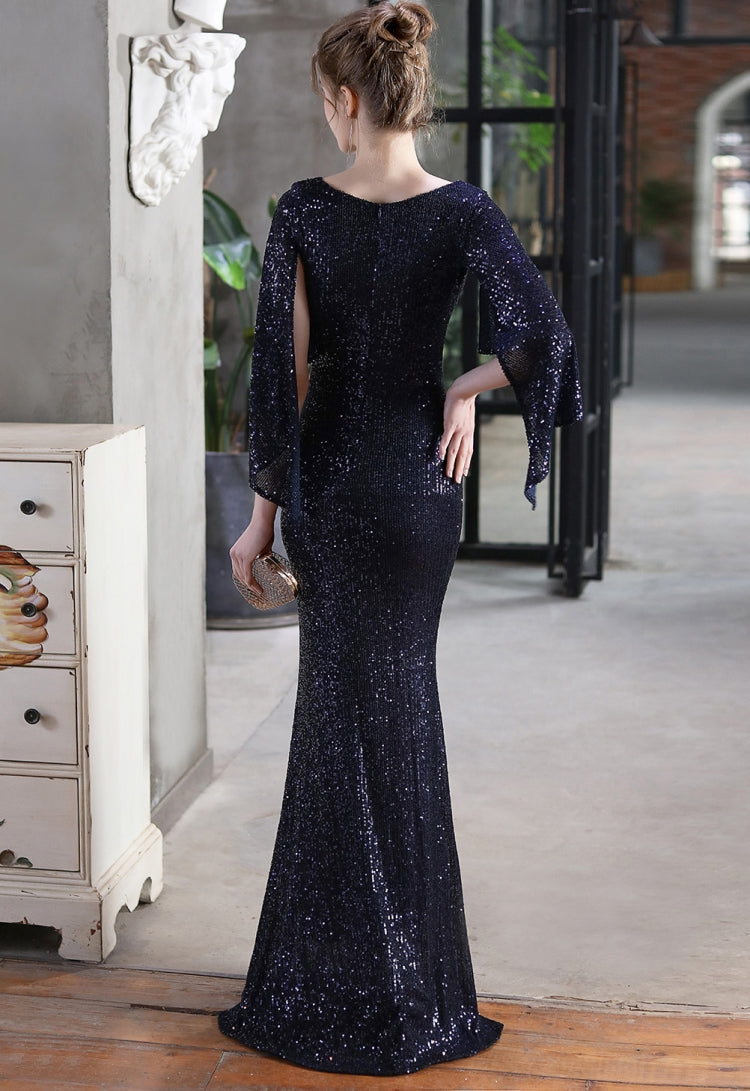 Autumn Formal Sequins Blue O-Neck Mermaid Evening Dress