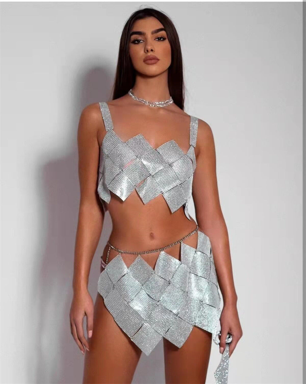 Women's Nightclub Style Sexy Diamond Sequin Checkered Two Piece Skirt Set 3