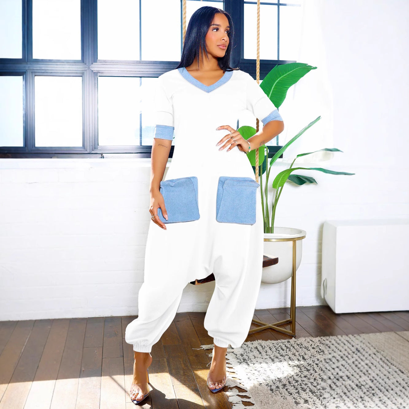 Women Casual Career V-Neck Patchwork Contrast Stretchy Denim Jumpsuit