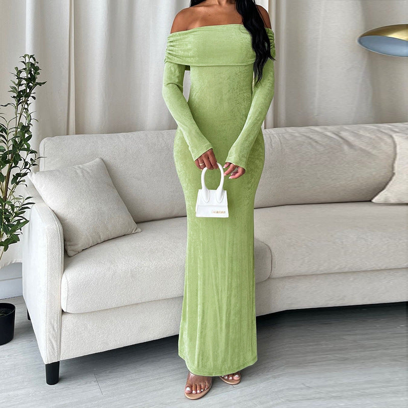 Women Off Shoulder Gathered Long-sleeved Bodycon Dress