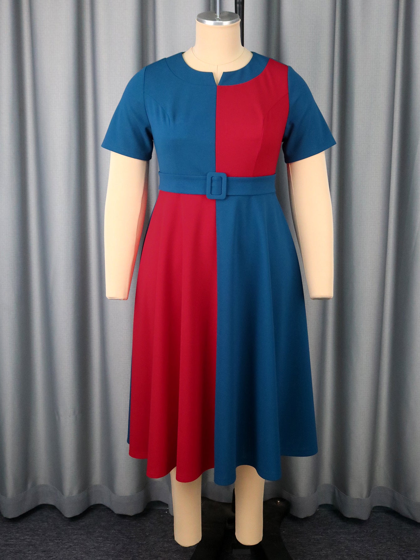 Plus-Size Women Contrast Short-Sleeved Round Neck Belt Elegant Party Dress 7