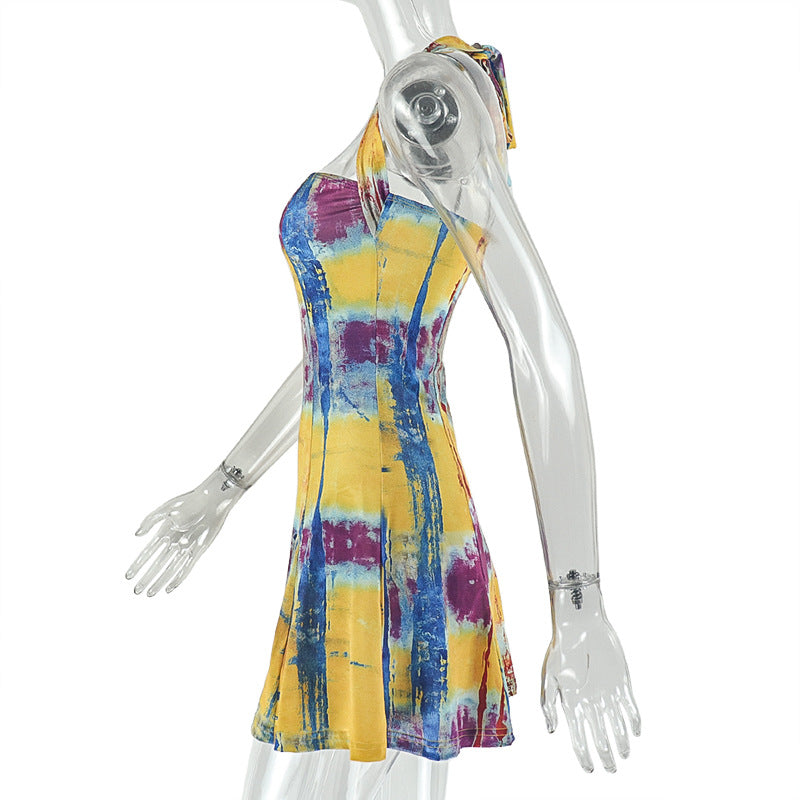 Color Block Print Women's Slim Waist Trendy A-Line Short Dress 7