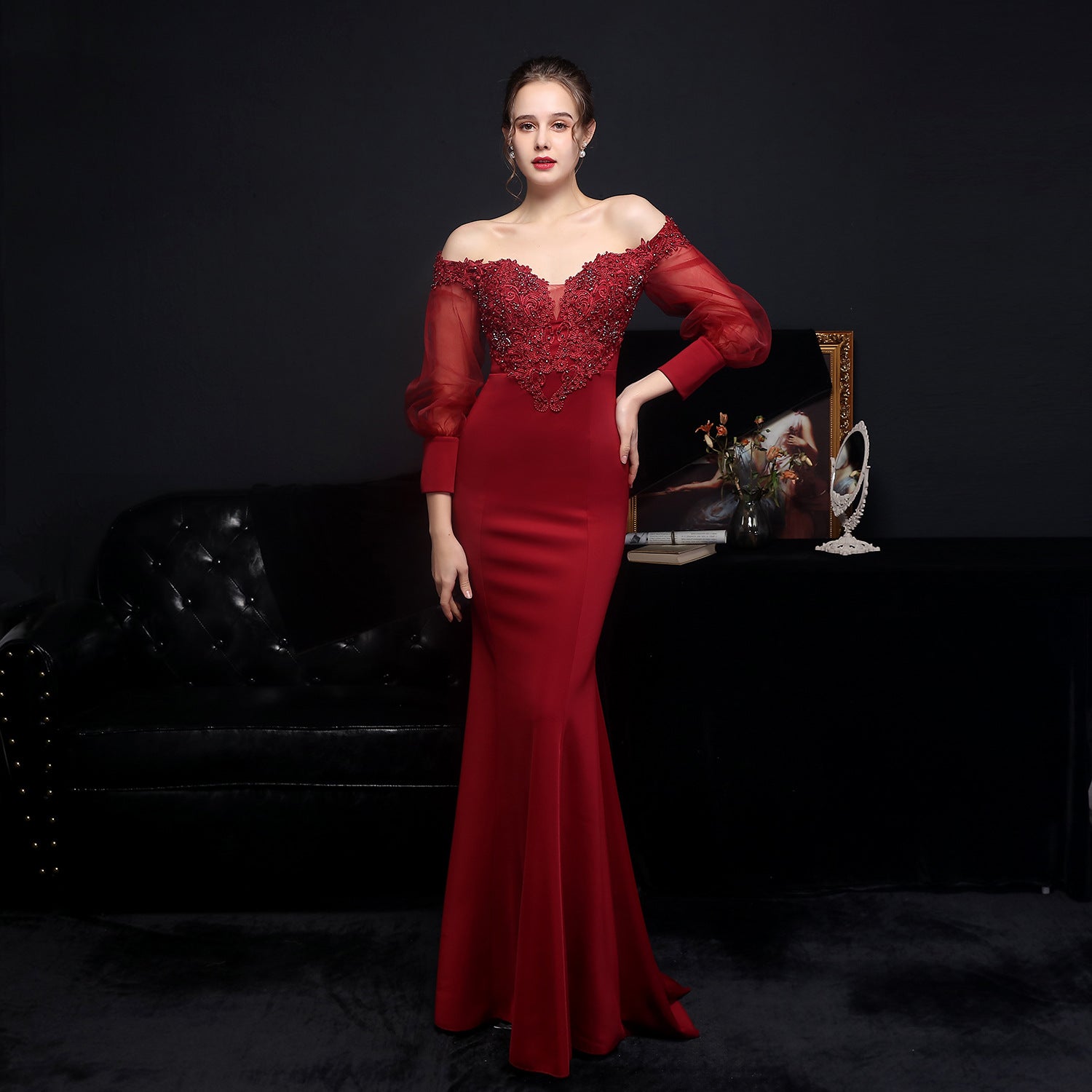 Women Elegant Lace Off Shoulder Mesh Long Sleeve Trail Evening Dress 7