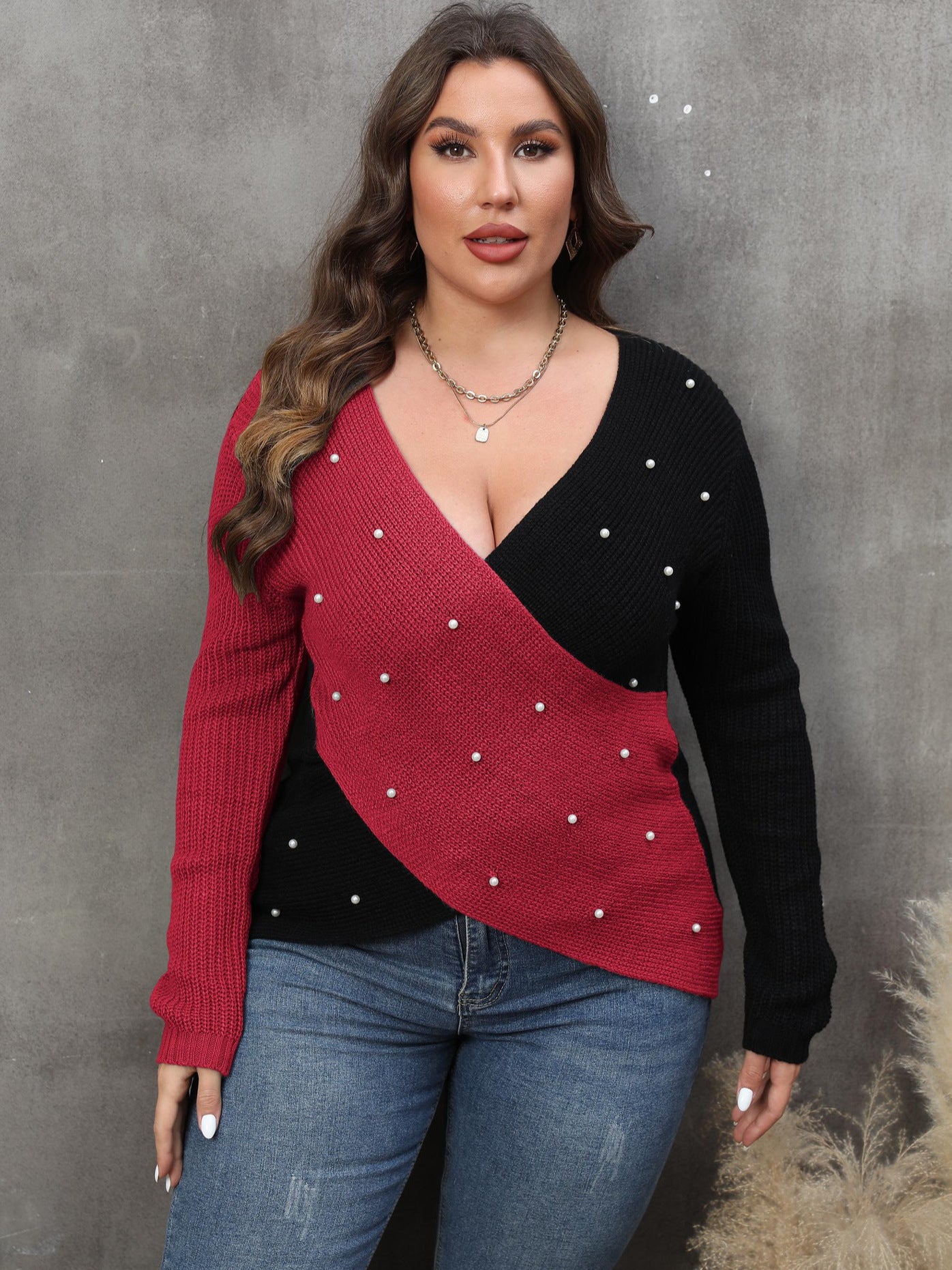 Women's Pearl Plus Size Contrast Color Cross Deep V Neck Sexy Sweater 6