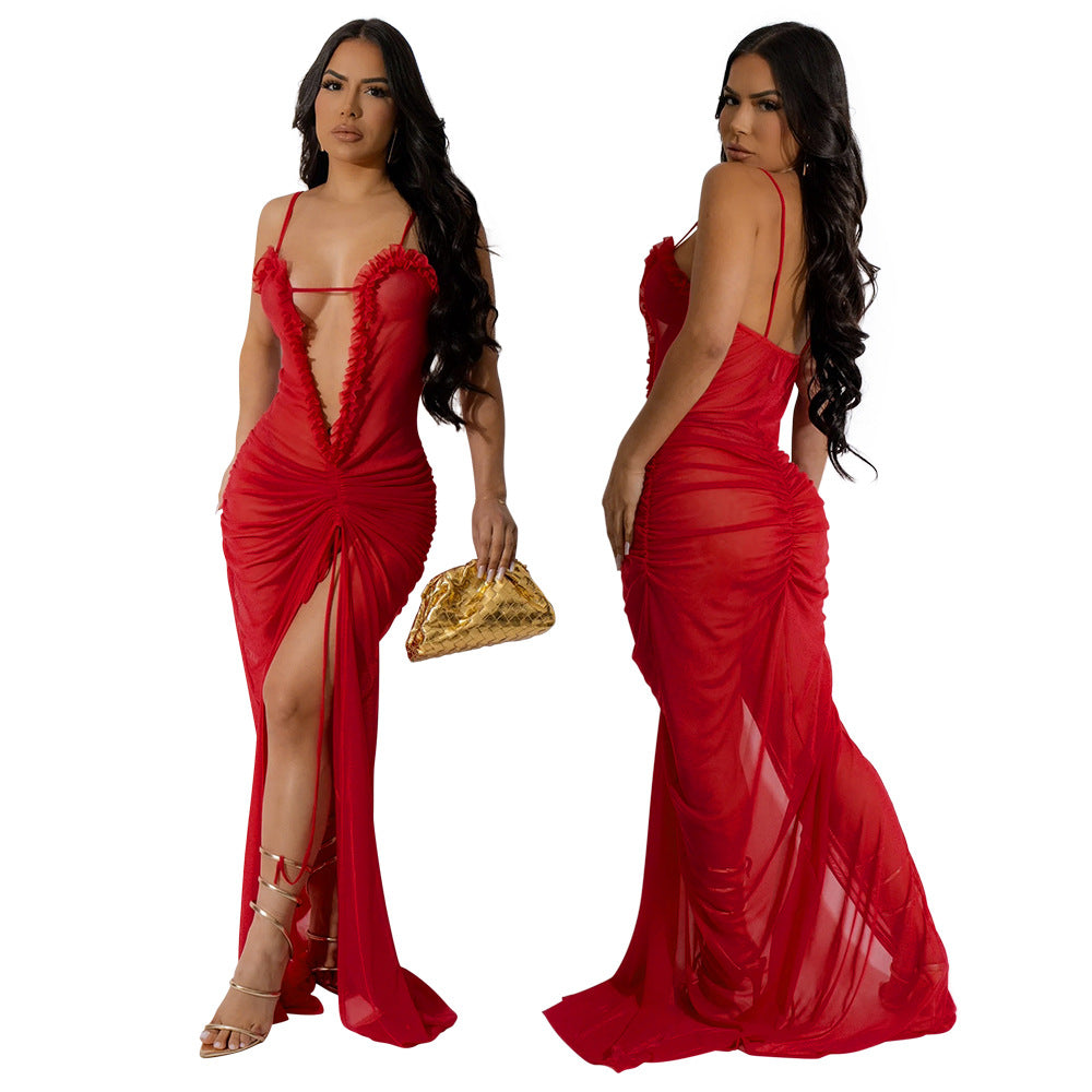 Sexy See-Through Mesh Solid Color High Slit Dress 5