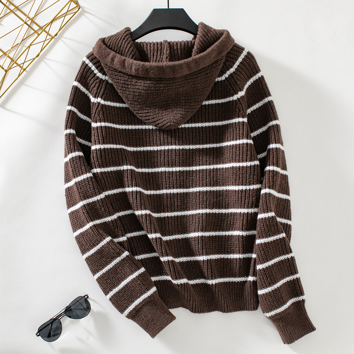 Hooded Striped Knitting Cardigan Women Autumn And Winter Loose Casual Pocket Sweater 10