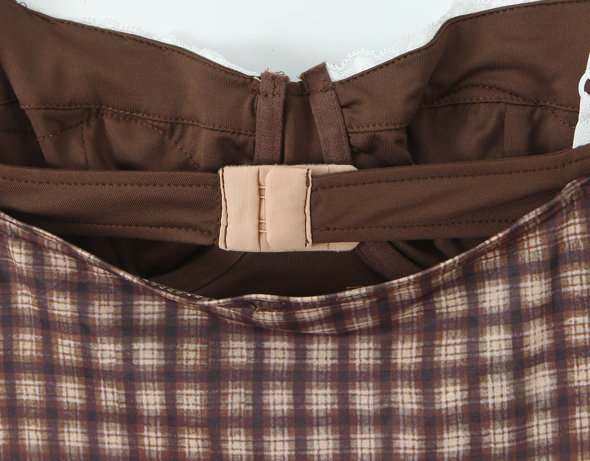 Cami Top and Low-Waist Bodycon Skirt Plaid Lace Patchwork Set 14