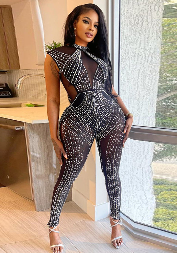 Women Sexy Beaded See-Through Bodycon Stretch Sleeveless Jumpsuit