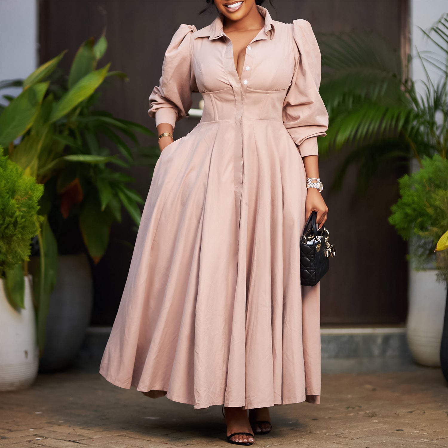 Women Elegant Long Sleeve Solid Maxi African Shirt Dress