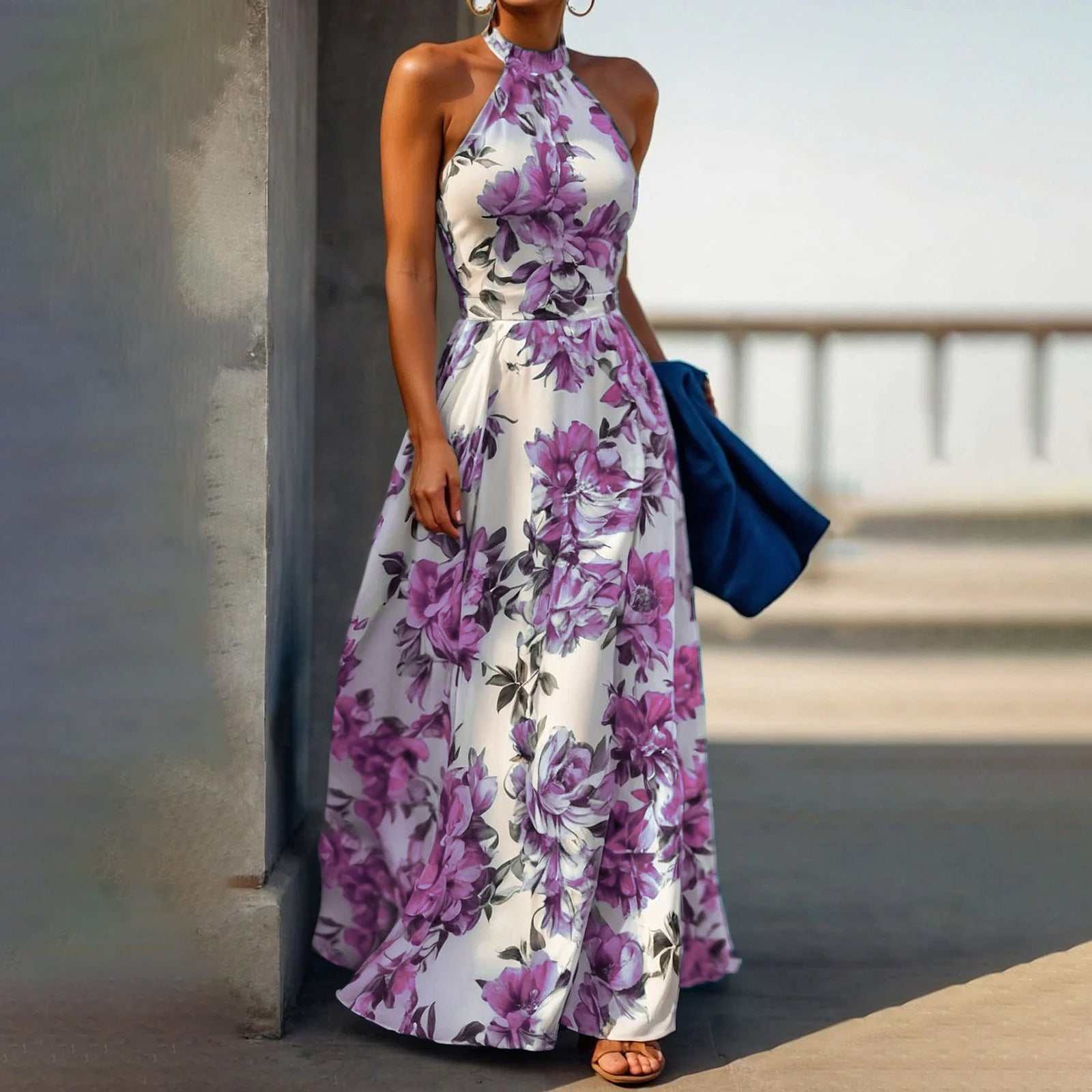 Women Holiday Halter Neck Printed Sleeveless Beach Dress 5