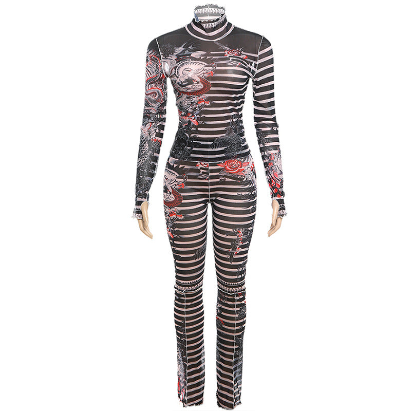 Women sexy mesh See-Through printed Top and high-waisted Casual trousers two-piece set 8