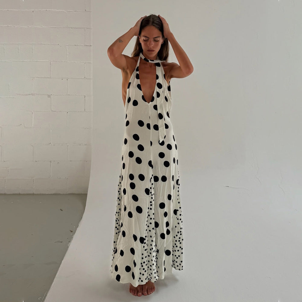 Women Summer Sexy V-Neck Lace-Up Polka Dot Patchwork Backless Maxi Dress 8