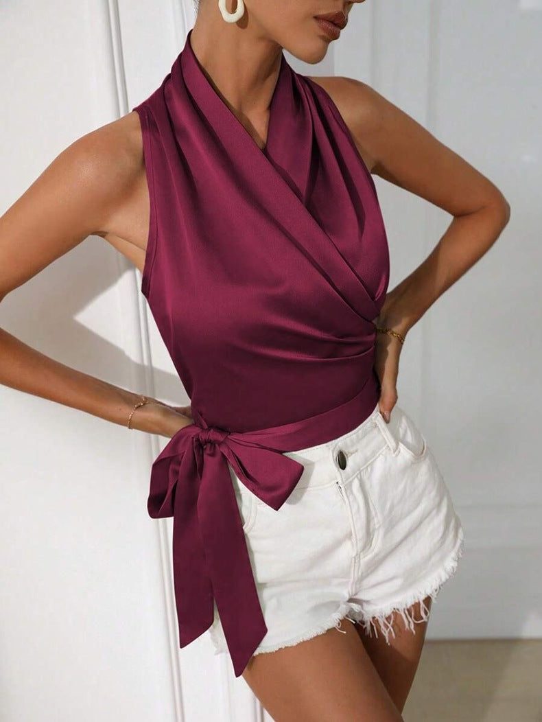 Women satin spring and summer Halter neck Sexy Lace-up Sleeveless Top 23