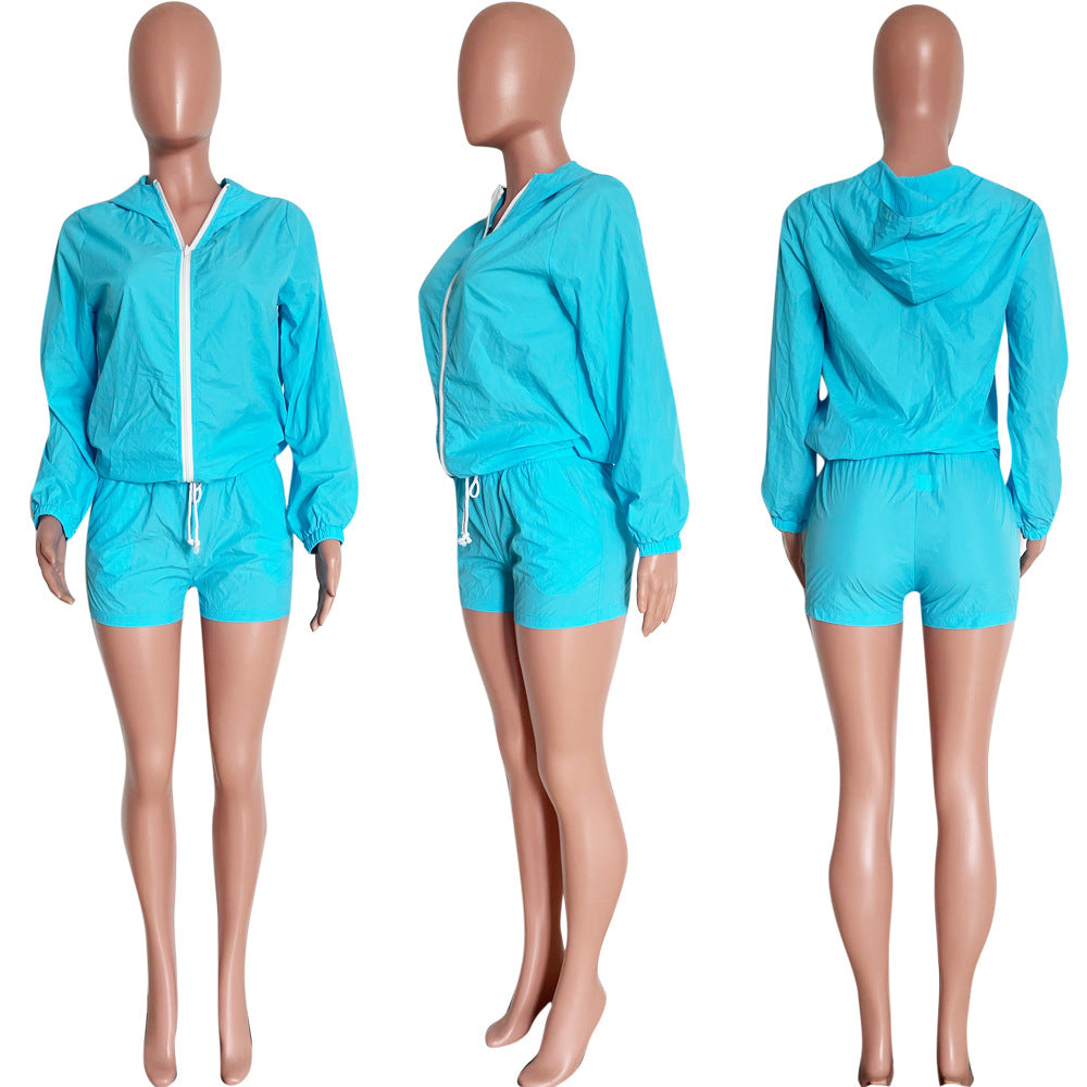 Women's Fashionable casual long sleeve sun protection Hooded Top and Shorts set 7