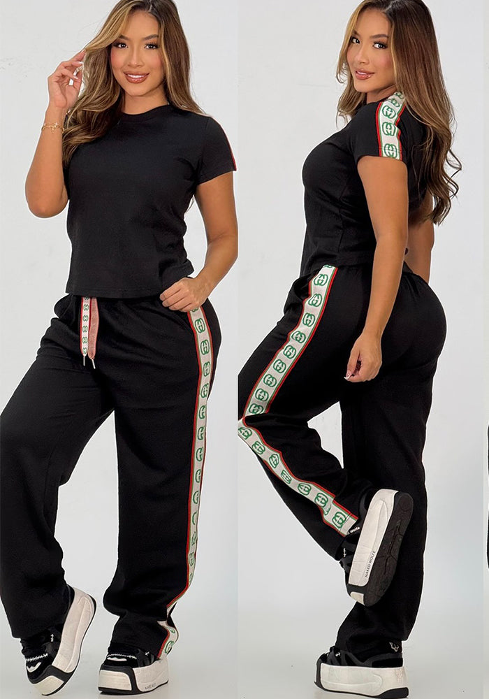 Women’s Summer Casual Round Neck Top & Wide-Leg Pants Set