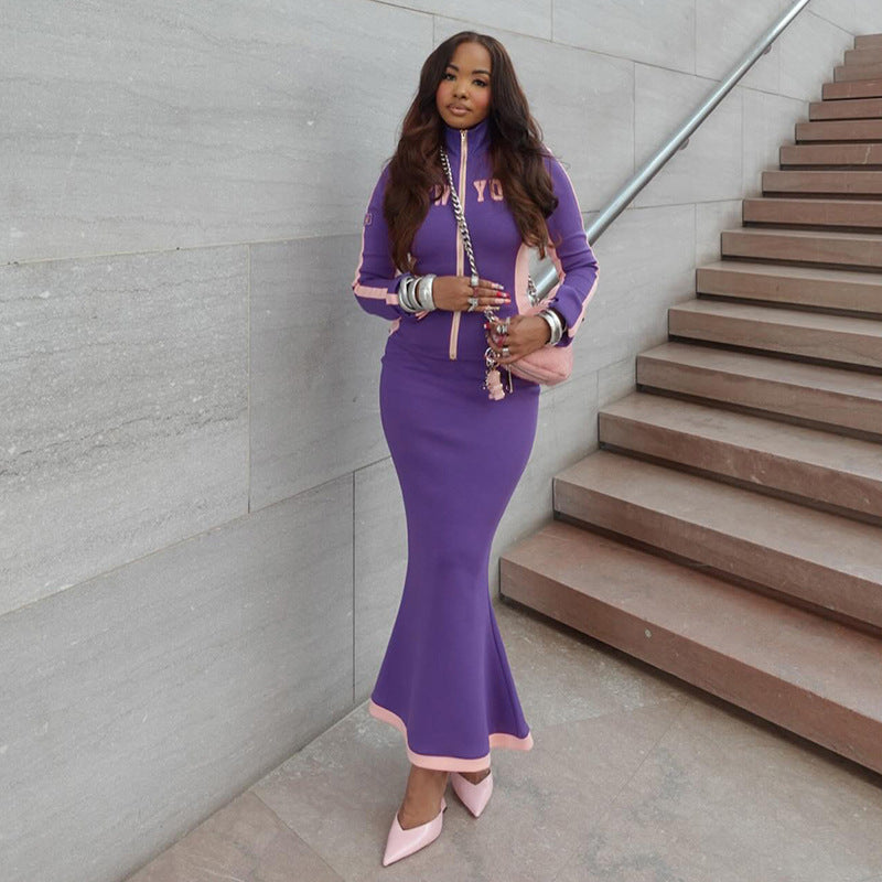 Women Letter Zipper Top and Long Skirt Two Piece Set 5