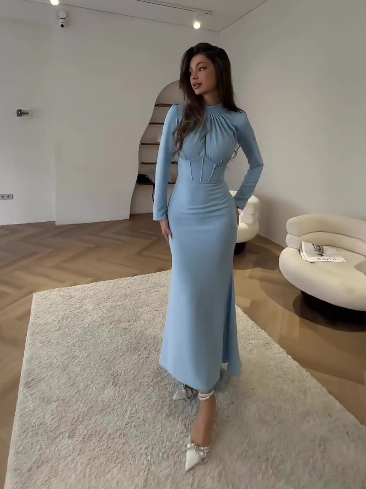 Autumn Fashion Chic Long-Sleeved Pleated Slit Irregular Long Dress For Women 5