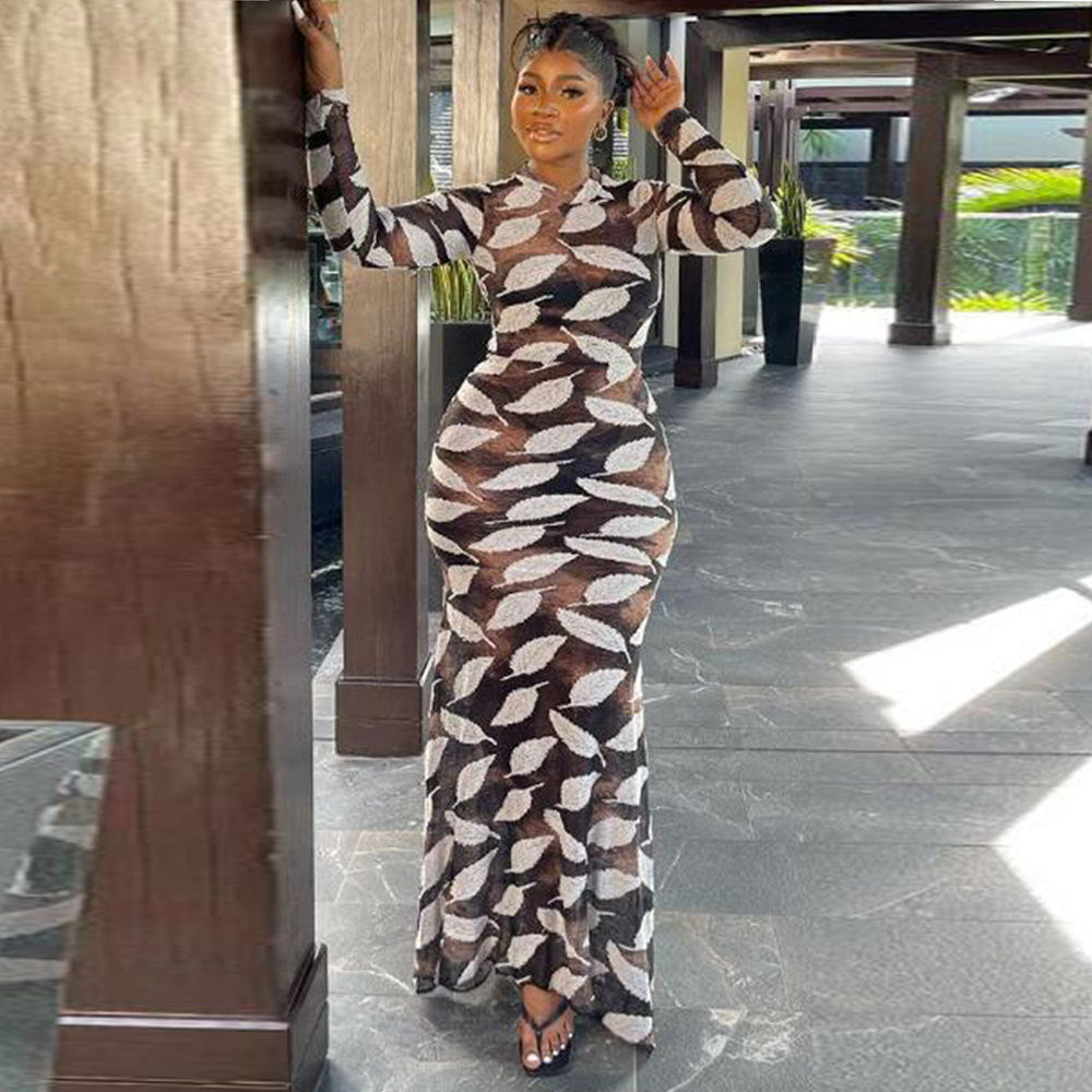 Sexy Printed Stretch Round Neck Long Sleeve Bodycon Tight Fitting Mermaid Long Dress 6