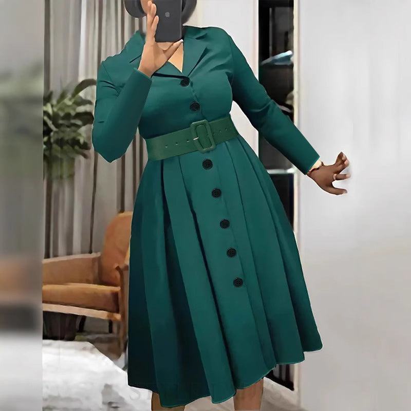 Plus Size  V Neck Turndown Collar A-Line Belt Shirt Dress