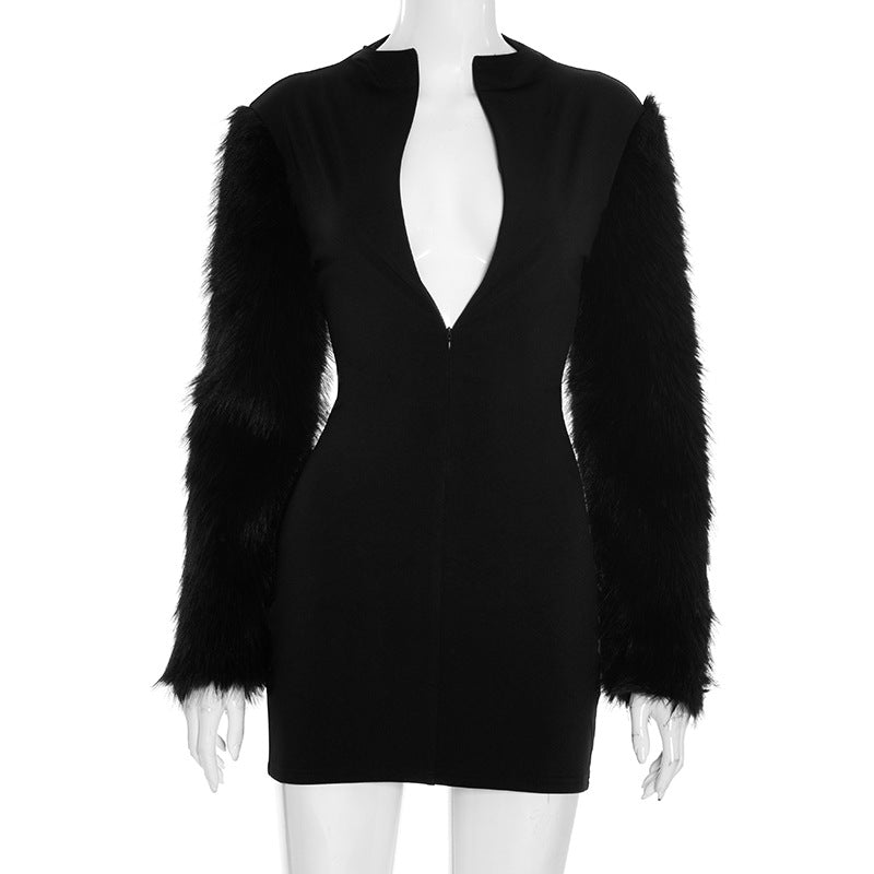 Women Autumn Zipper Neck Long-Sleeved Fur Paneled Sexy Bodycon Dress 6