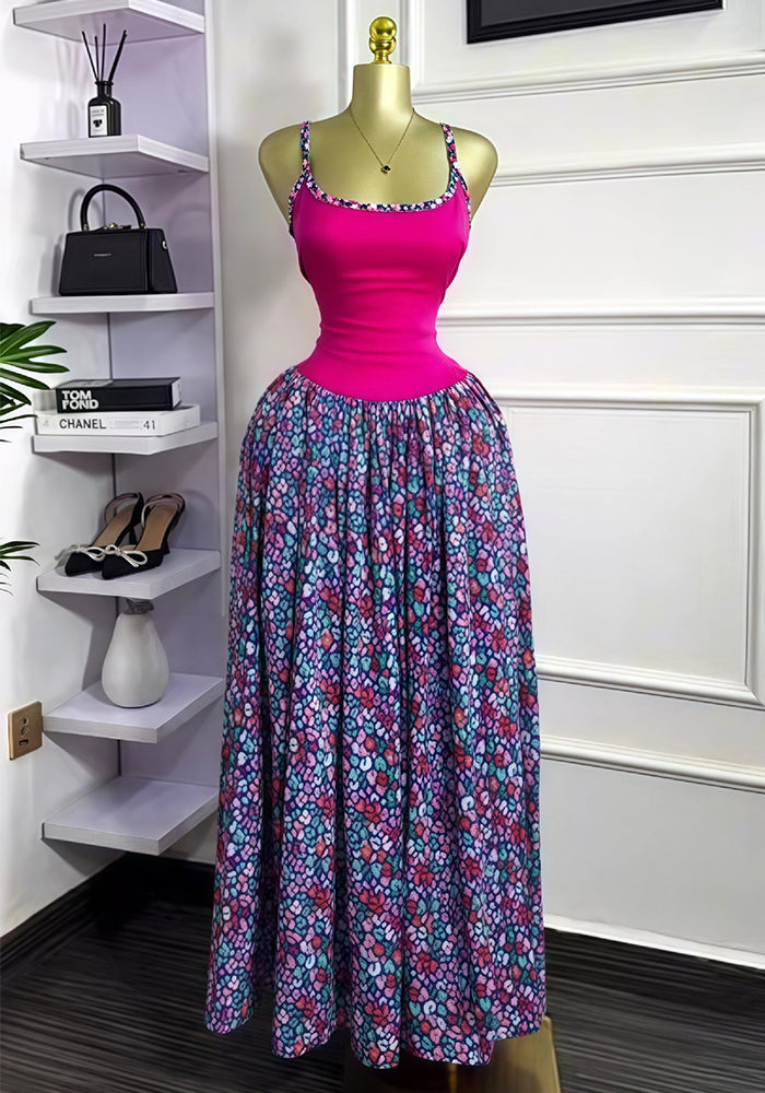 Women's Summer Sleeveless Print Sexy Strap Pleated Long Dress