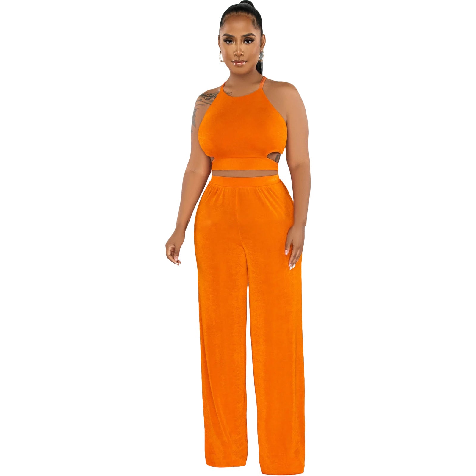 Women Halter Neck Crossover Crop Top andSolid Wide Leg Pants Two-Piece Set 14