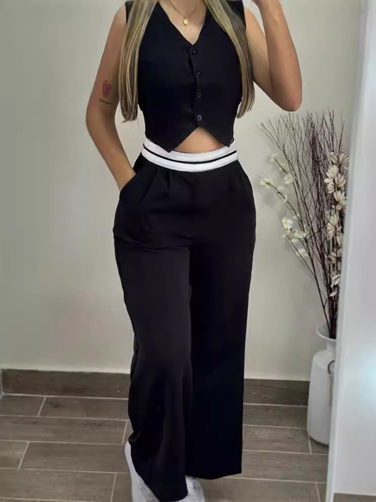 Women vest and Contrast color high waist wide leg pants Casual two-piece suit 6