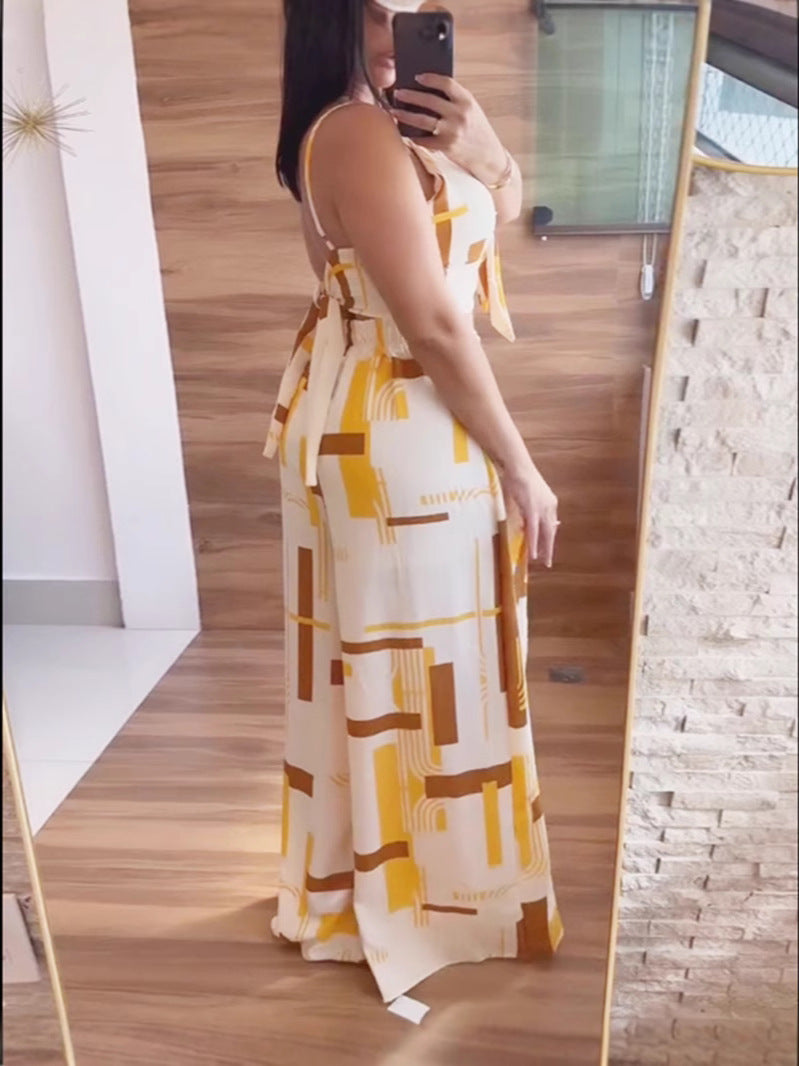 Women Printed Suspender Top and Wide Leg Pants Two-piece Set 5