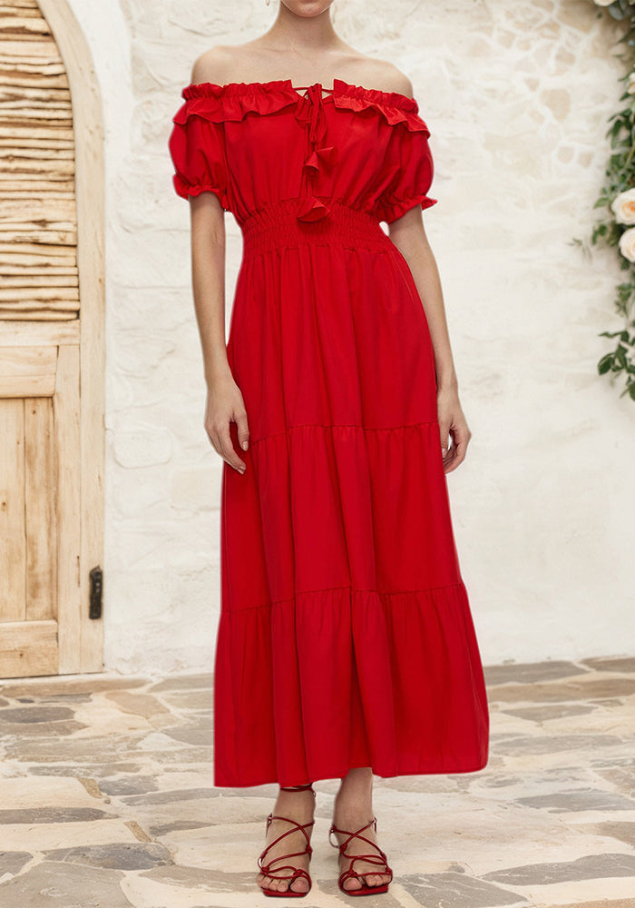 women's off-shoulder ruffle bubble short sleeve lace-up dress