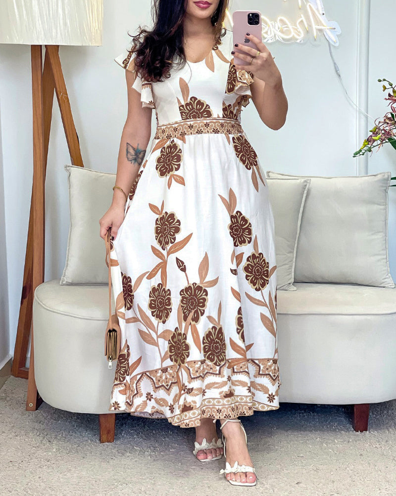 Retro Floral Print V-Neck Ruffle Sleeve Slim Waist Long Dress