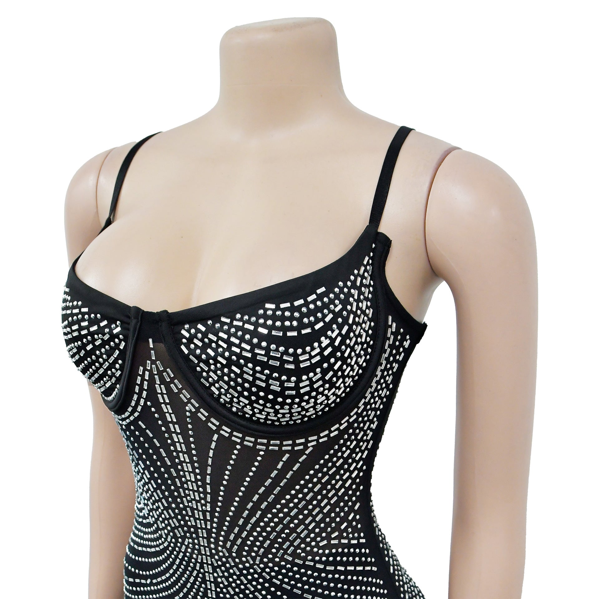 Women's Fashion Solid Color Mesh Beaded Slip Maxi Dress 14