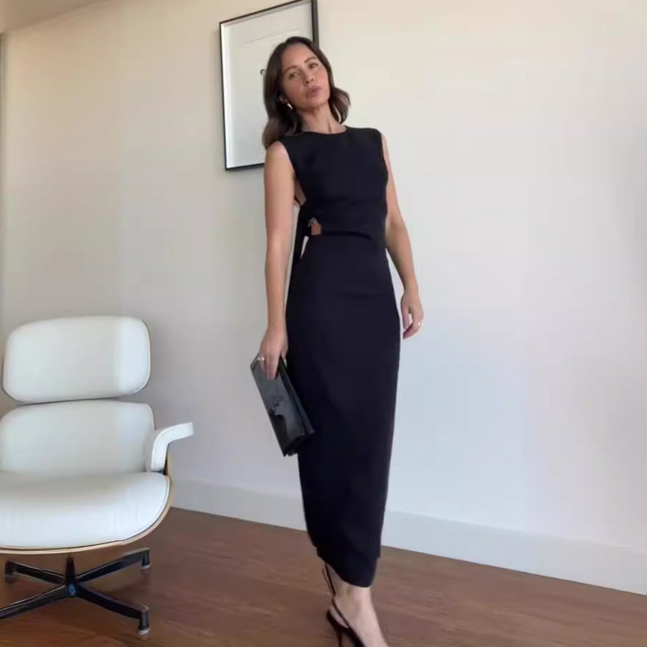 Summer solid color round neck sexy low back High slit long dress 6