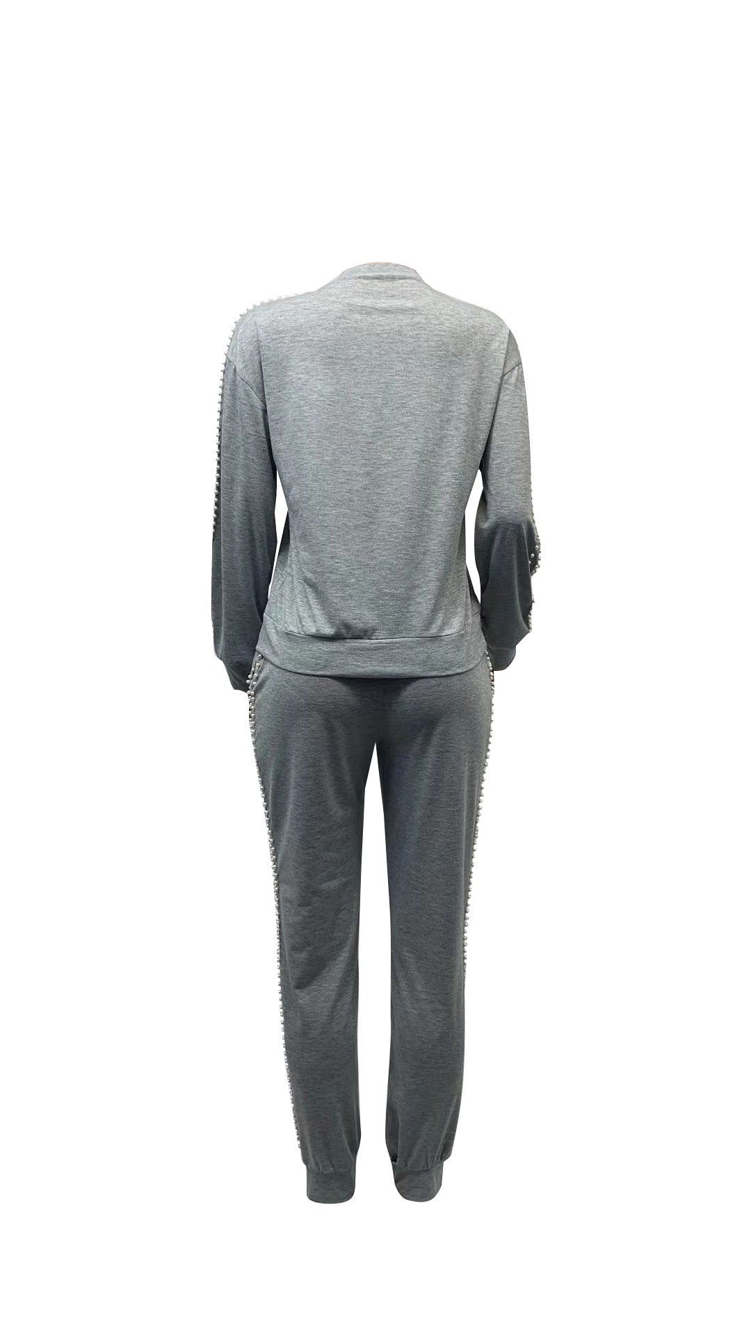 Women Casual Beading Round Neck Long Sleeve Top and Pant Two-piece Set 14