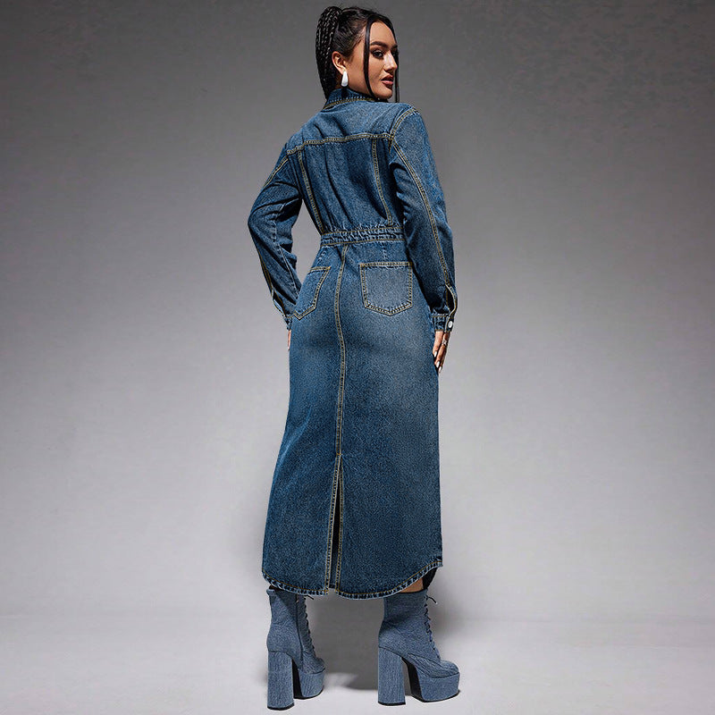 Women's Turndown Collar Button Long Sleeve Slit Denim Long Dress 5