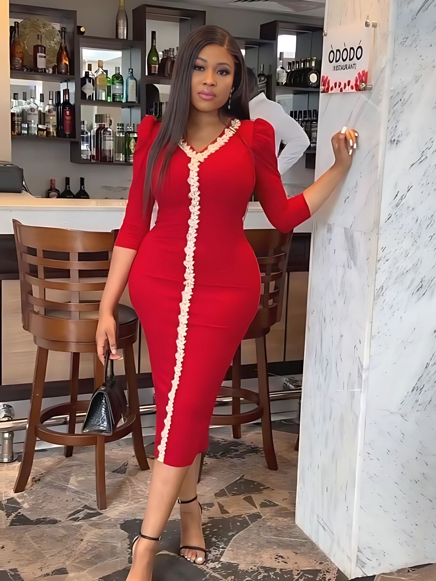 Solid Color V-Neck Women's High Waist Bodycon Pencil Dress