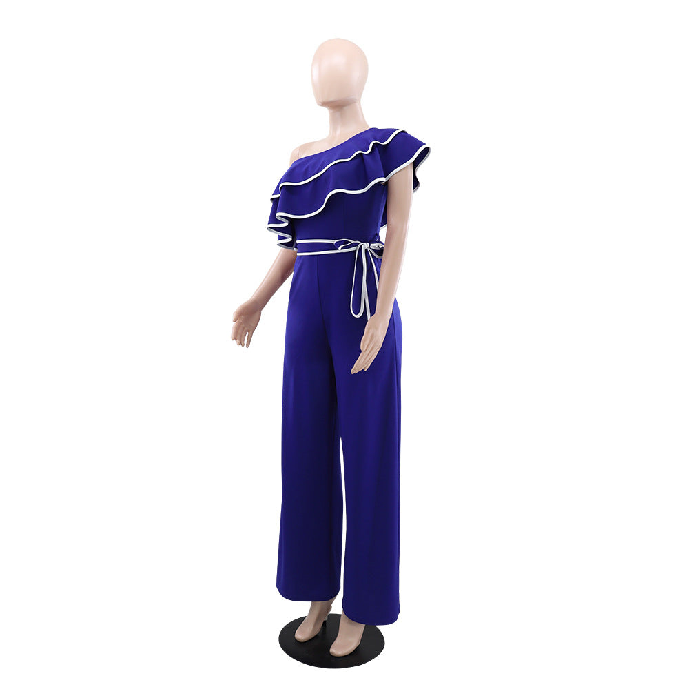 Fashionable Women's Slash Shoulder Belt Casual Wide-Leg Jumpsuit 10
