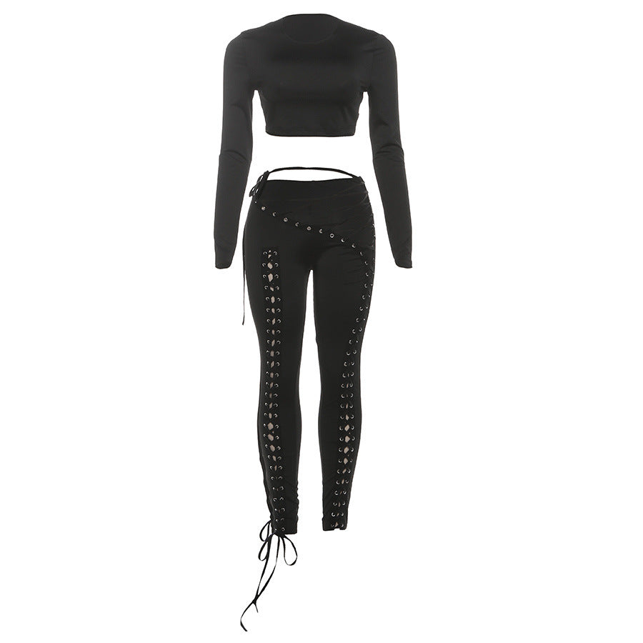 Women Fall/Winter Long-Sleeved Sexy Cutout Lace-Up Pants Two-Piece Set 7