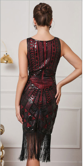 Women Sexy V Neck Sequin Beaded Retro Party Tassel Dress 5